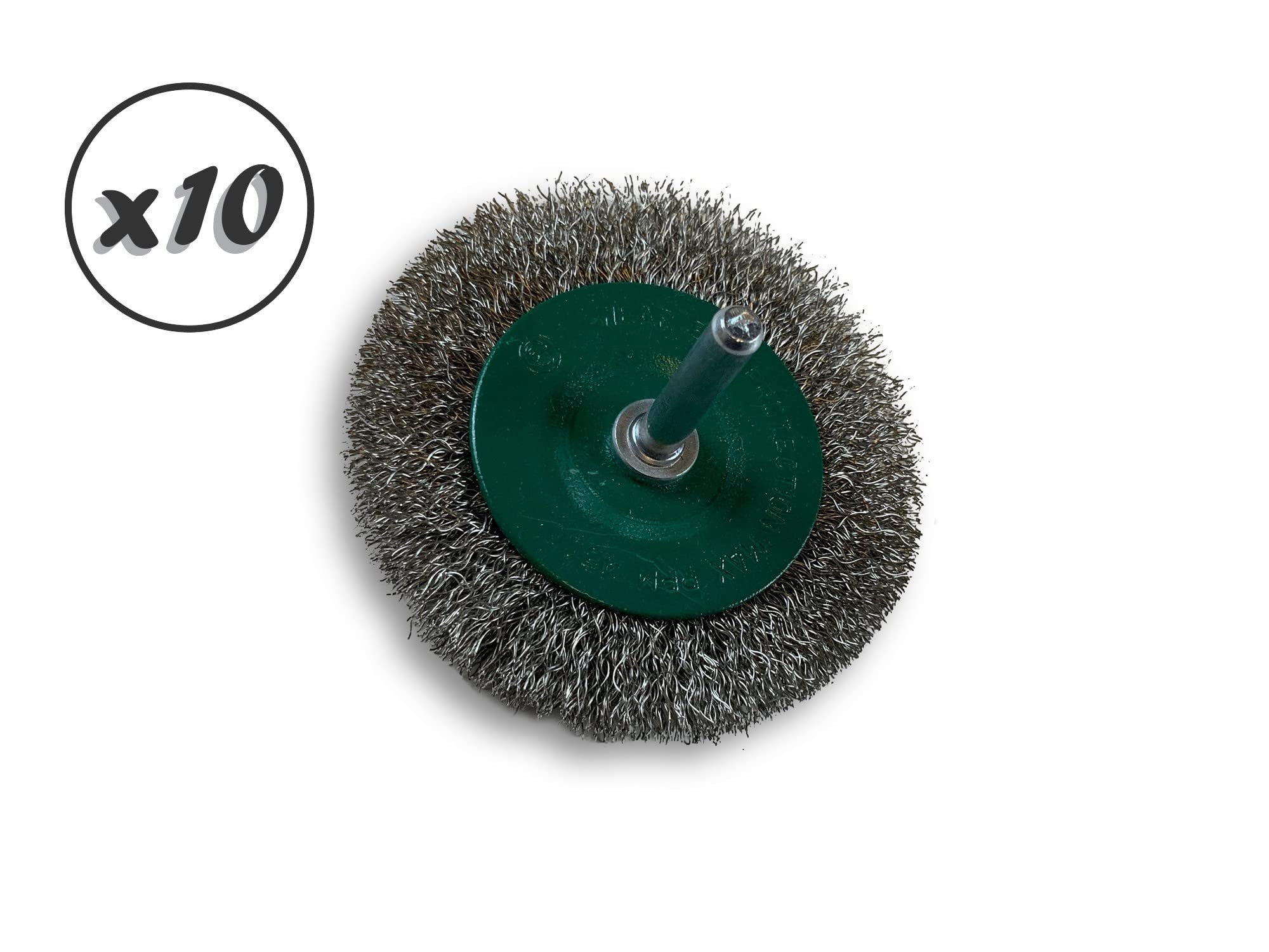Zestaw 10 metalowych okrągłych szczotek obrotowych na pręcie Ø 75 mm | Drut ze stali nierdzewnej Ø 0,20 mm | Grubość 8 mm | 1 rząd | Do wiertarki lub wkrętarki z uchwytem | Kibros 2675IV8x10