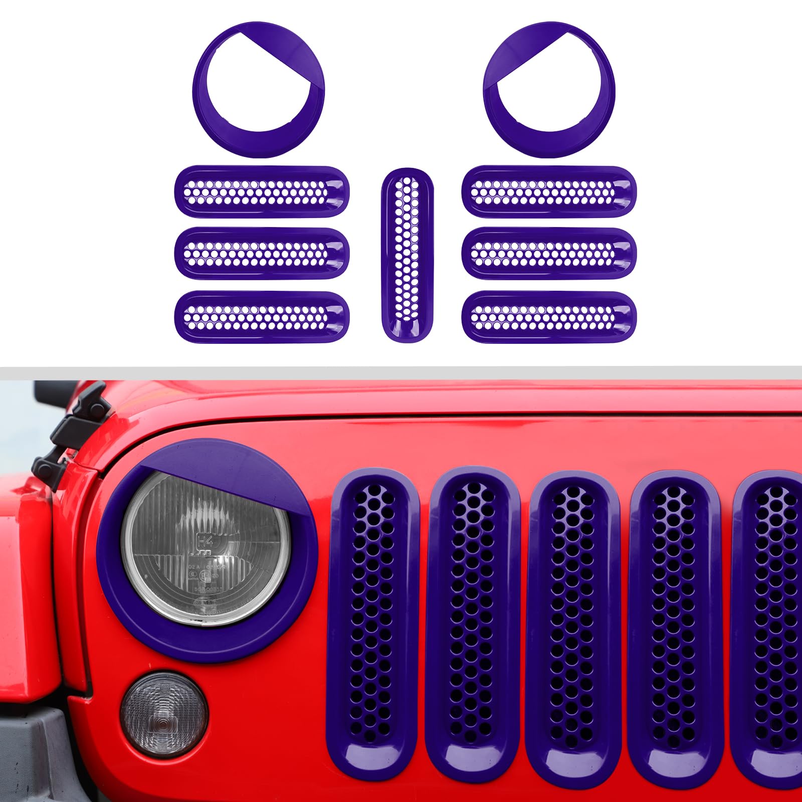 JWWY Front Grille Insert Radiator Grille Grillwork Surround Assembly Inserts Headlight Headlamp Cover Trim Set Fit for 2007-2017 Jeep Wrangler JK JKU Exterior Accessories 9pcs Purple