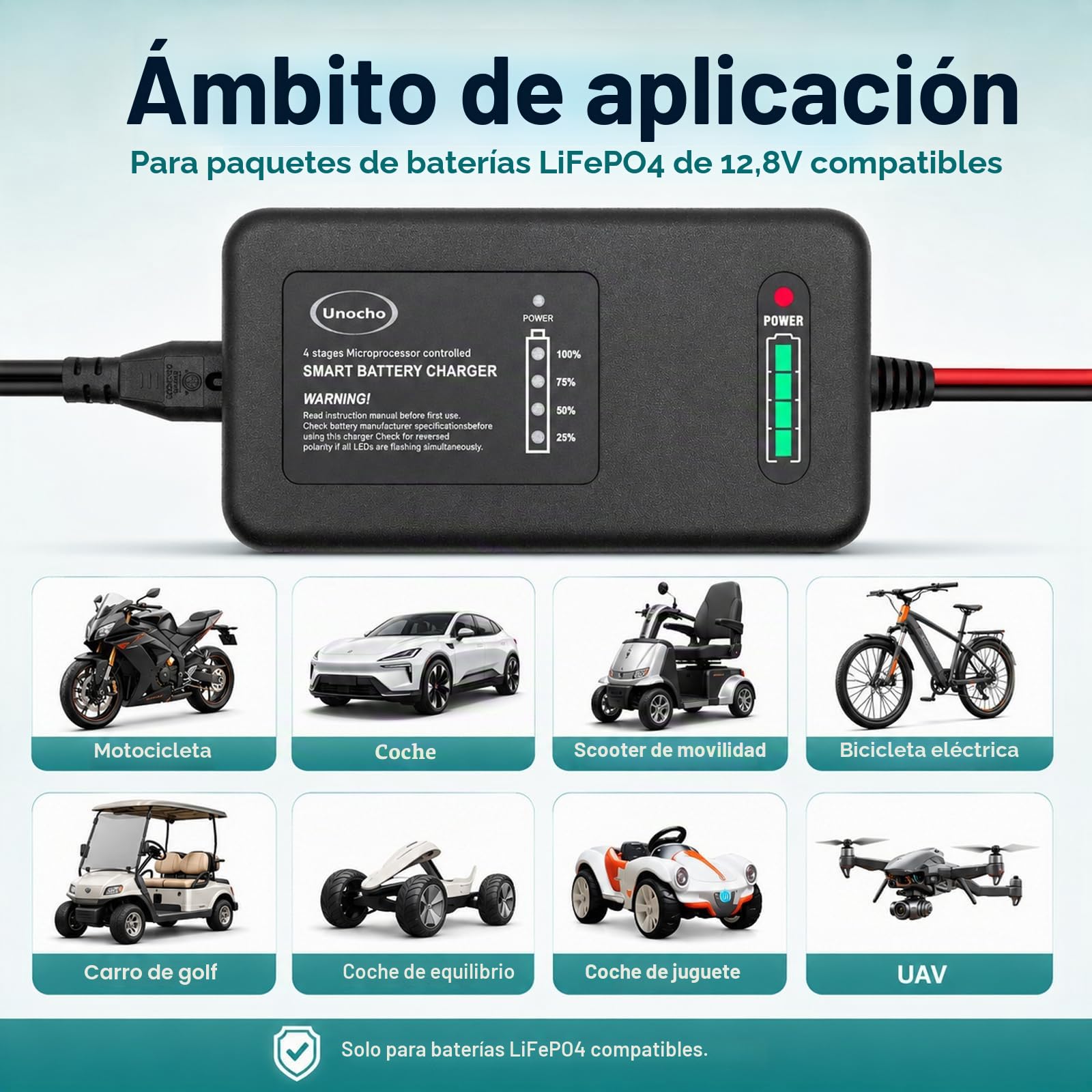Cargador de Batería LiFePO4 de 14.6 Voltios de 4 Etapas Cargador de Batería de Litio de 12.8 Voltios de 4 Etapas para Autos, Motos, Cortadoras de Césped, Camiones, Barcos y Carritos de Golf