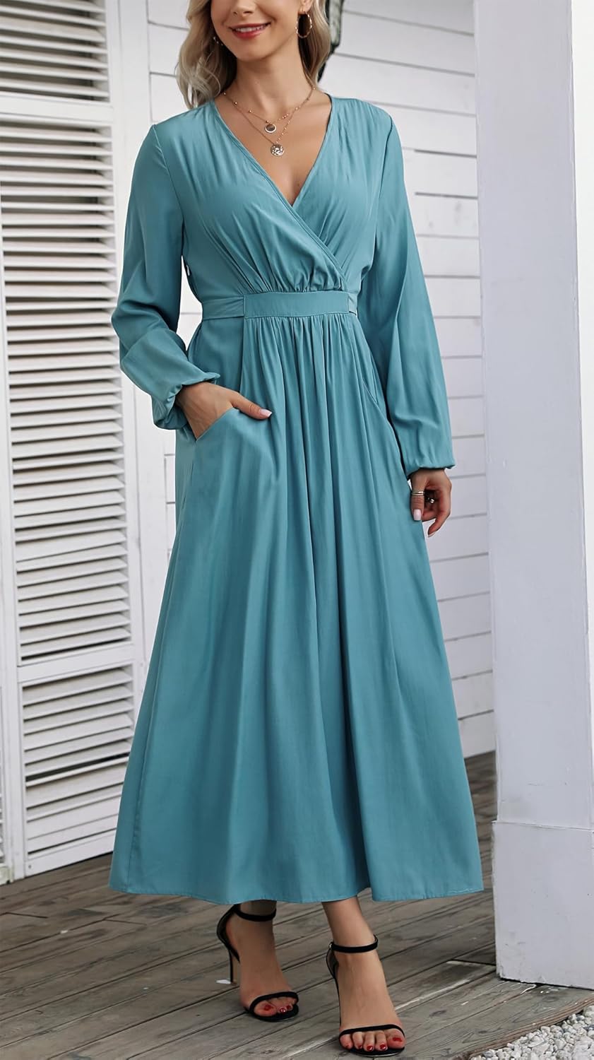 Kormei Women's Fall Casual V Neck Long Sleeve Pockets Boho A Line Flowy Long Maxi Dress with Belt - Image 2