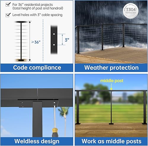 Miniatura 4 de Muzata Nivel de poste intermedio perforado de 36 x 1 x 2 pulgadas (cuerpo de poste de 35 pulgadas) con barandilla de cable superior fija para