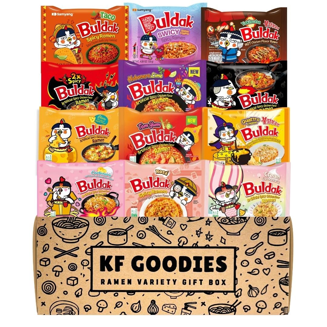 KF GOODIES Korean Ramen Variety Pack Gift Box (10 Count - Carbonara, Cream Carbonara (3), Habanero Lime, Rosé (2), Tom Yum, Yakisoba (2)) – Spicy Buldak Noodle Assortment for Birthdays, College Care