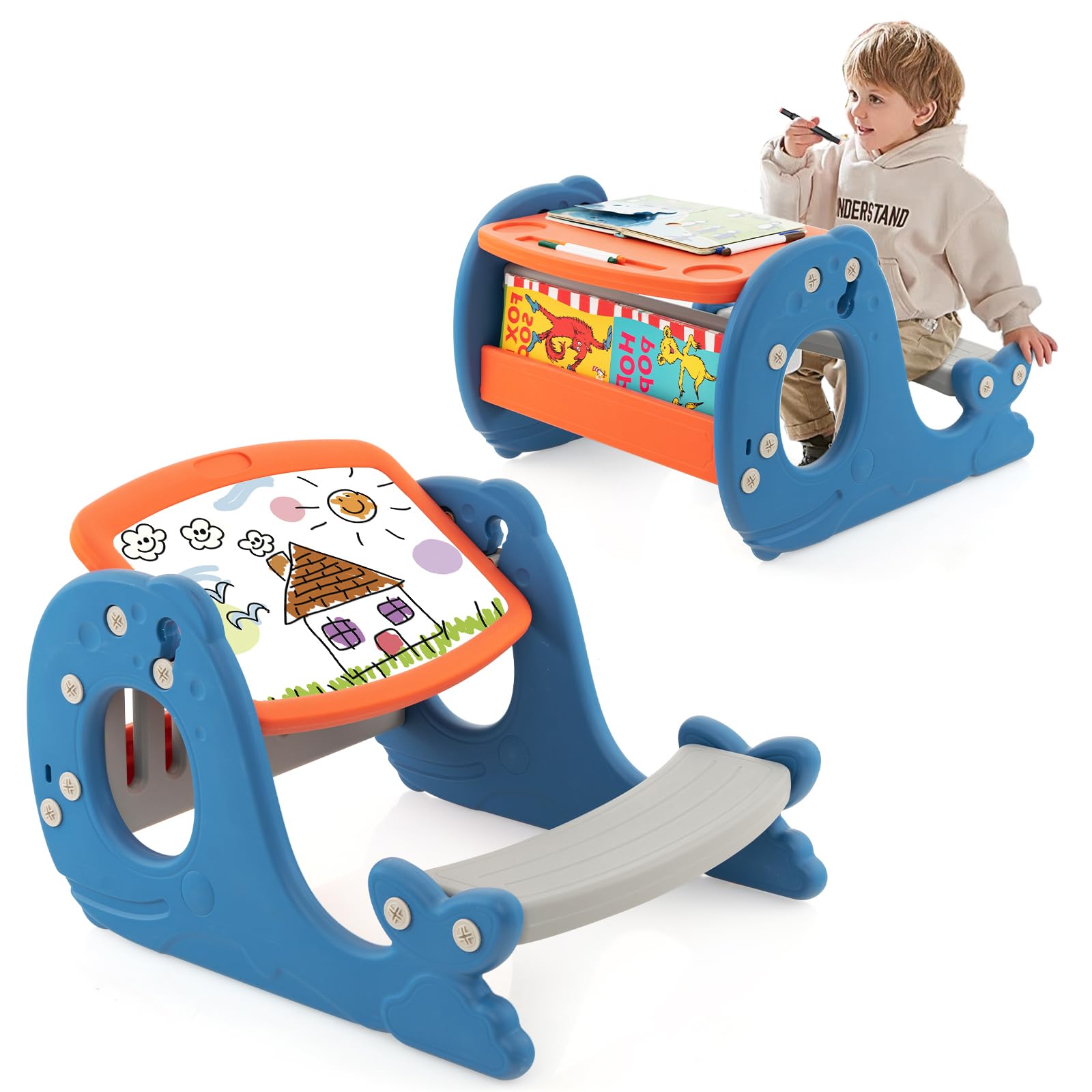 HOMASIS Table d'activités convertible 4 en 1 avec banc, table à dessin en forme de baleine, pour enfants de plus de 1 an, 67 x 54 x 39 cm, bleu