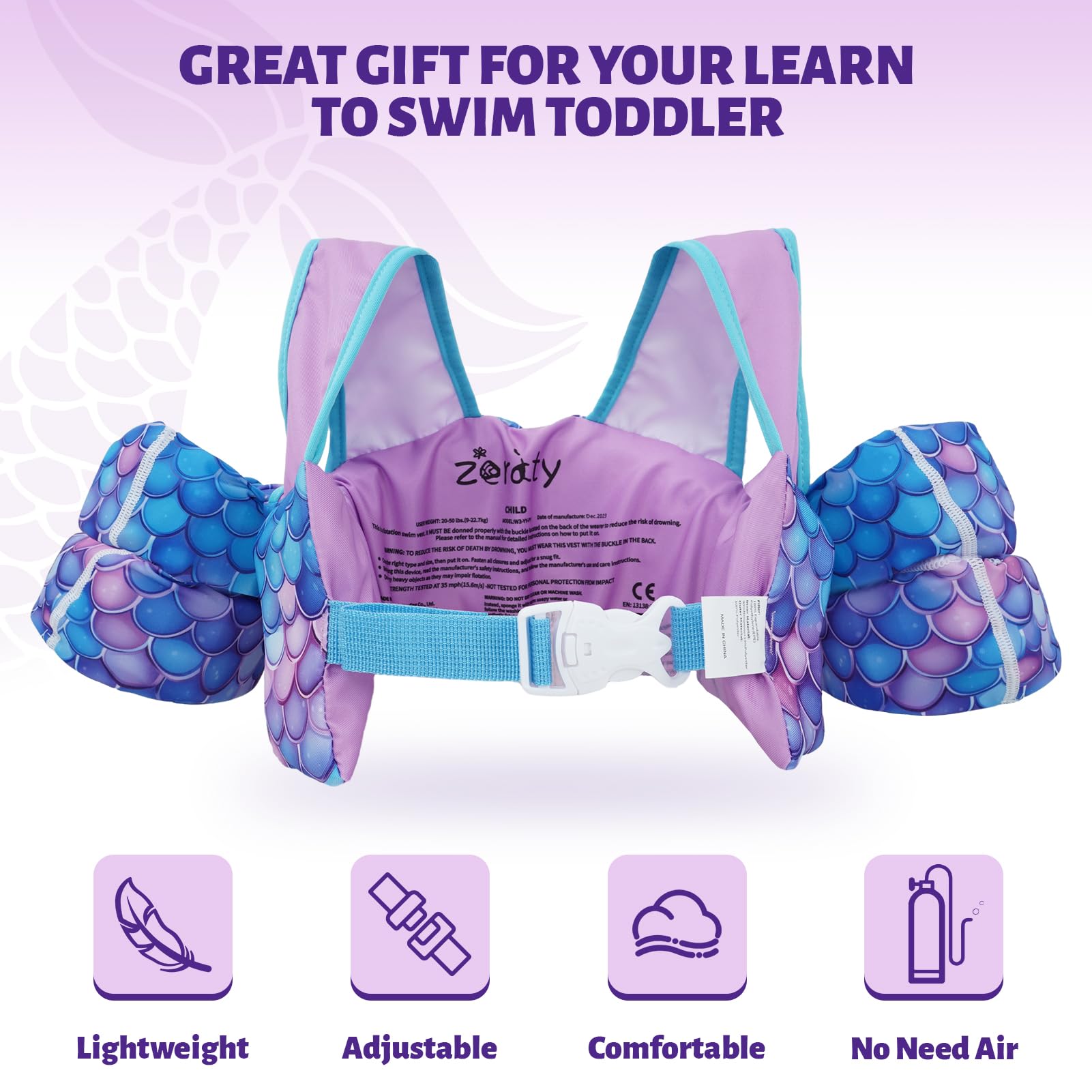 Zeraty Gilet da Bagno per Bambini Galleggianti per Bambini Bambini Nuoto Fascia da Braccio con Imbracatura a Spalla Braccio Wings,Nuoto Aids Giacca per 20-50 lbs/2-6 Anni Ragazzi/Ragazze