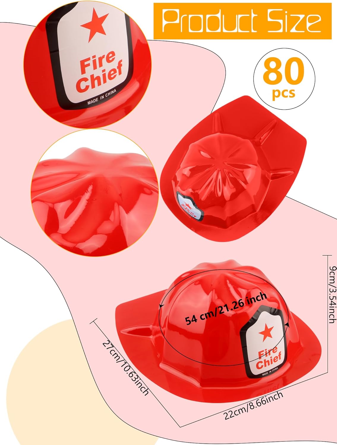 80 Pack Kids Firefighter Hat Red Fire Hat Plastic Children Firefighter Helmet for Boys Girls Firefighter Theme Party Costume Accessory Dress Up Gift