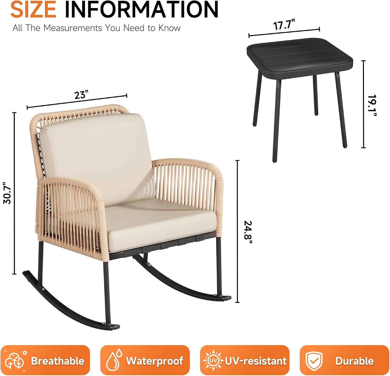 DECMICO 3 PCs Outdoor Rocking Chair, Rocking Bistro Set with Side Table, Rocking Chairs for Backyard Garden Porch Poolside