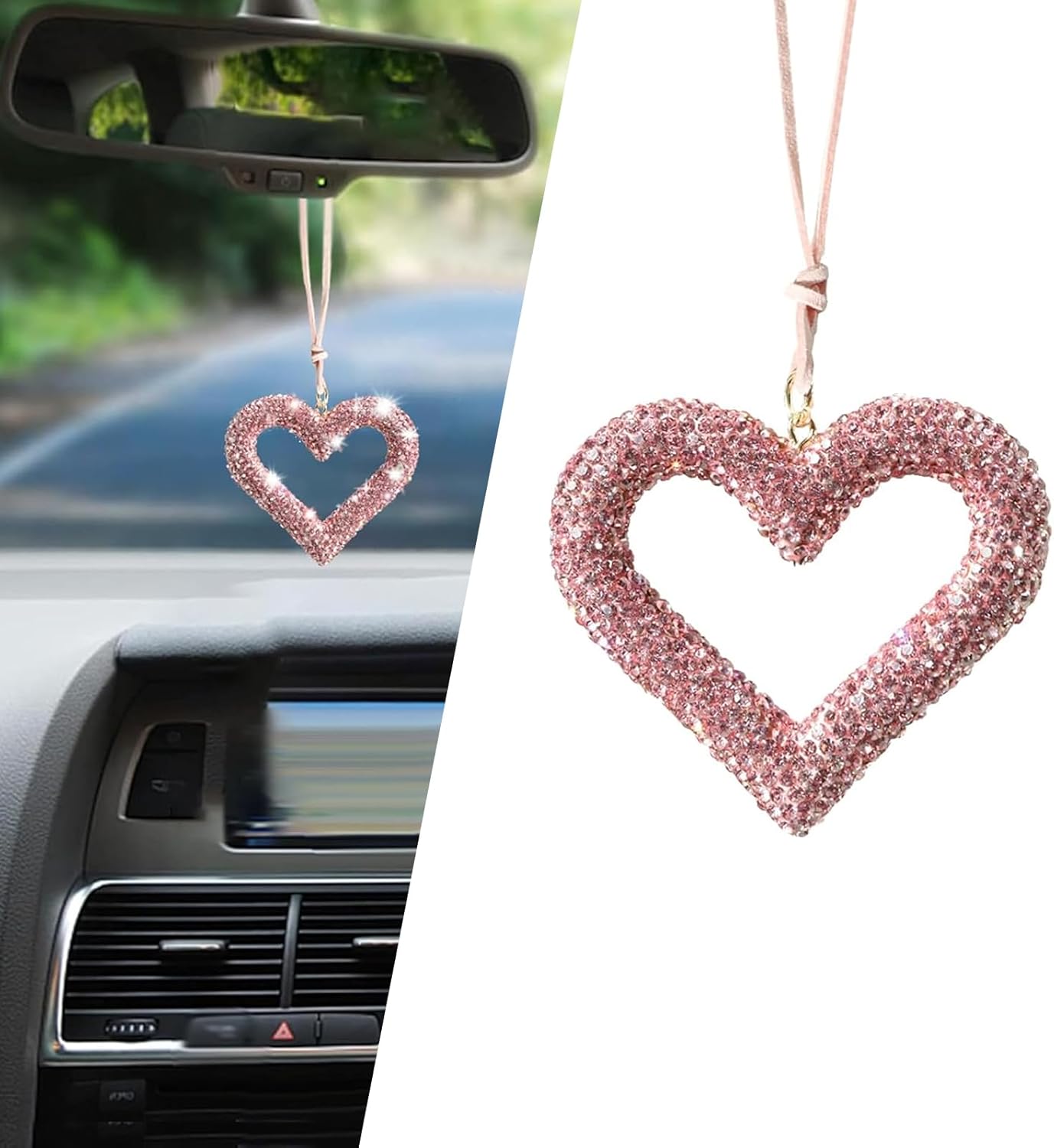 Heart Car Hanging Accessory, Sparkling Rhinestone-encrusted Car Rearview Mirror Ornament, Beautiful and Elegant Pendant, Universal Interior Accessory for Women Girls (Pink) 1 PC Pink - Image 1 of 7