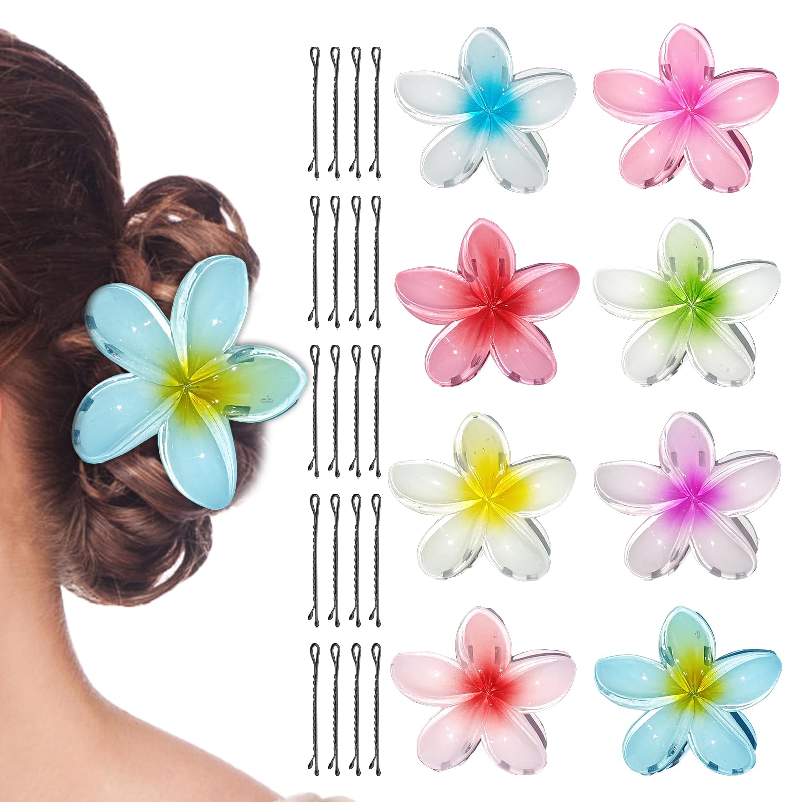 8 Pieces Hawaiian Flower Hair Clips, Women's Flower Hair Clips, 8 cm Flower Hair Clip with 20 Pieces Black Clips, Non-Slip Flower Hair Clips, Flower Clips for Women and Girls