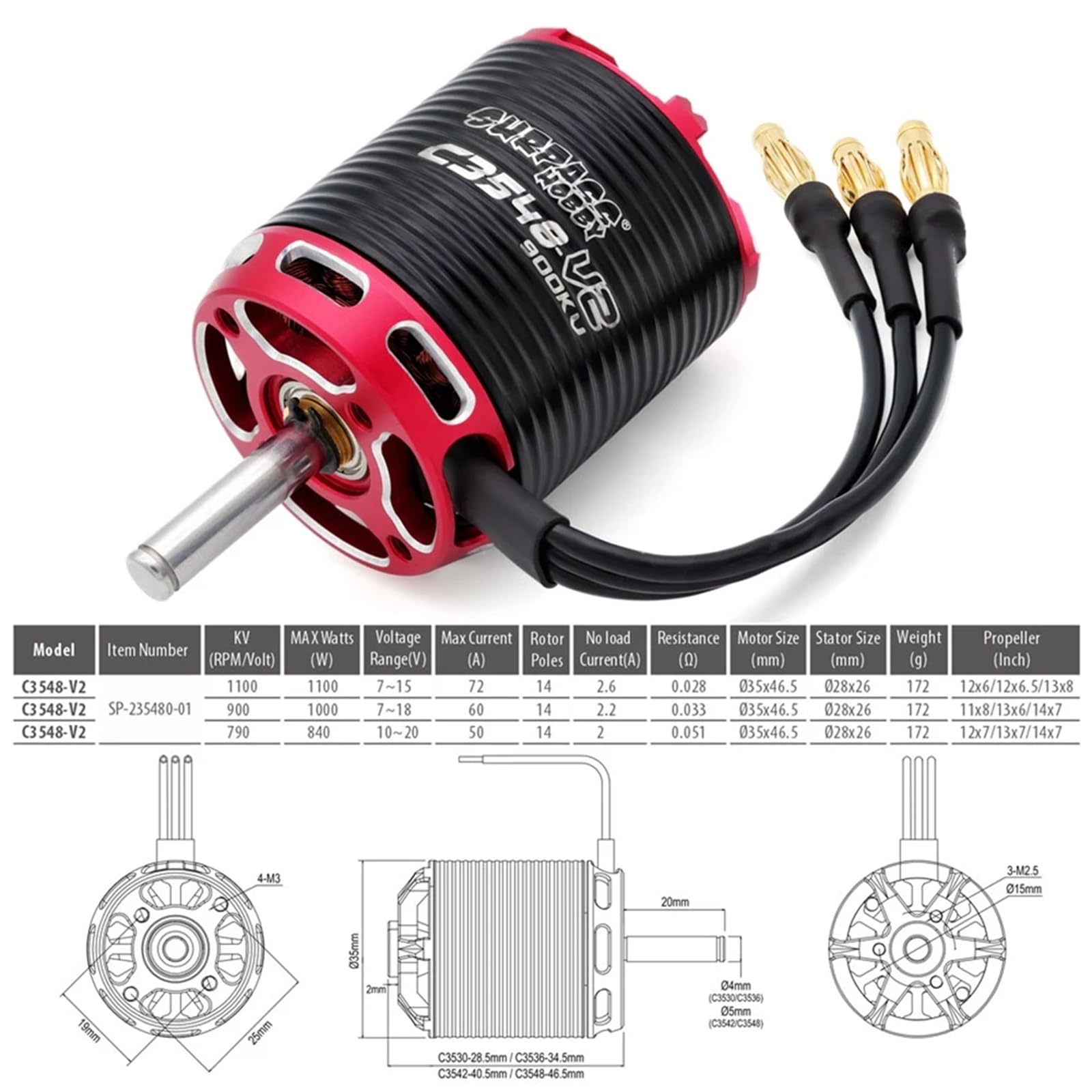 C3548 V2 790KV Outrunner bürstenloser Motorwellendurchmesser 5 mm für RC-Flugzeuge, Flugzeuge, feste Flügel, RC-Drohne