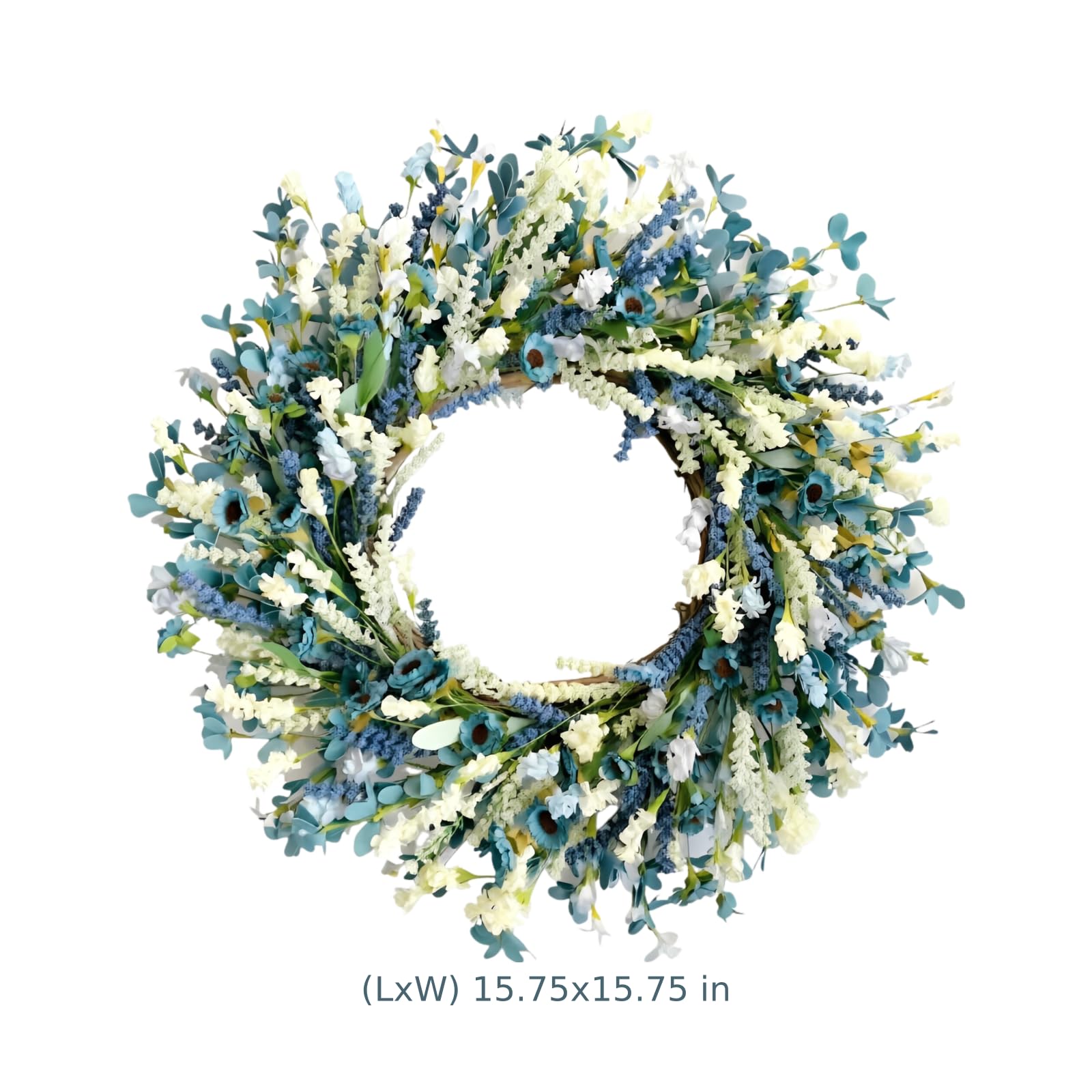 Ghirlanda di fiori artificiali da 15.7 in / 40 cm, ghirlanda floreale mista blu e bianca, verde intenso, decorazione primaverile estiva per porta d'ingresso, da appendere alla parete, composizione
