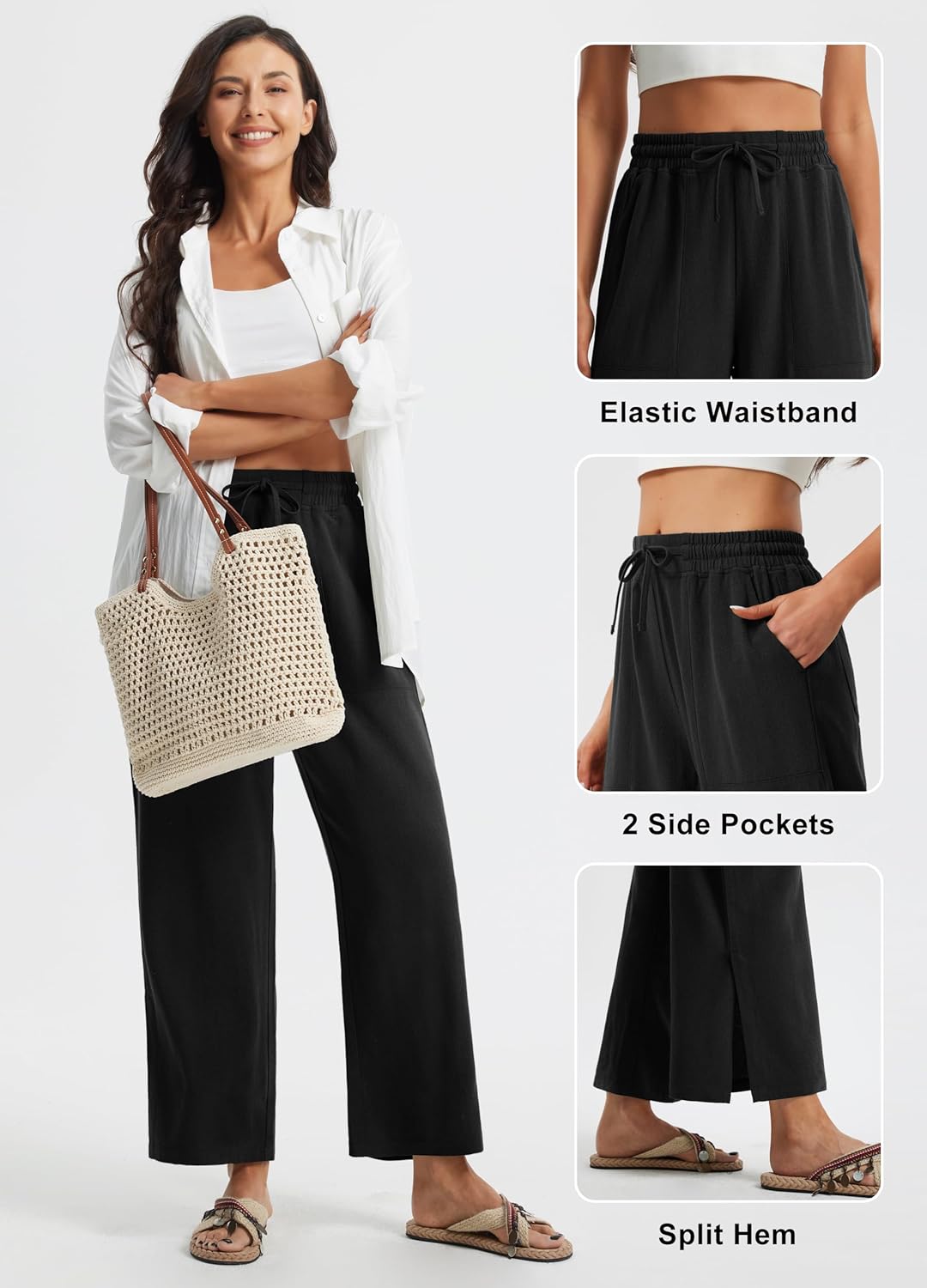 Libin Women Linen Pants Wide Leg Side Slit Ankle Pants High Waist Drawstring Casual Palazzo Loose Beach Pant Cropped Trousers - Image 6