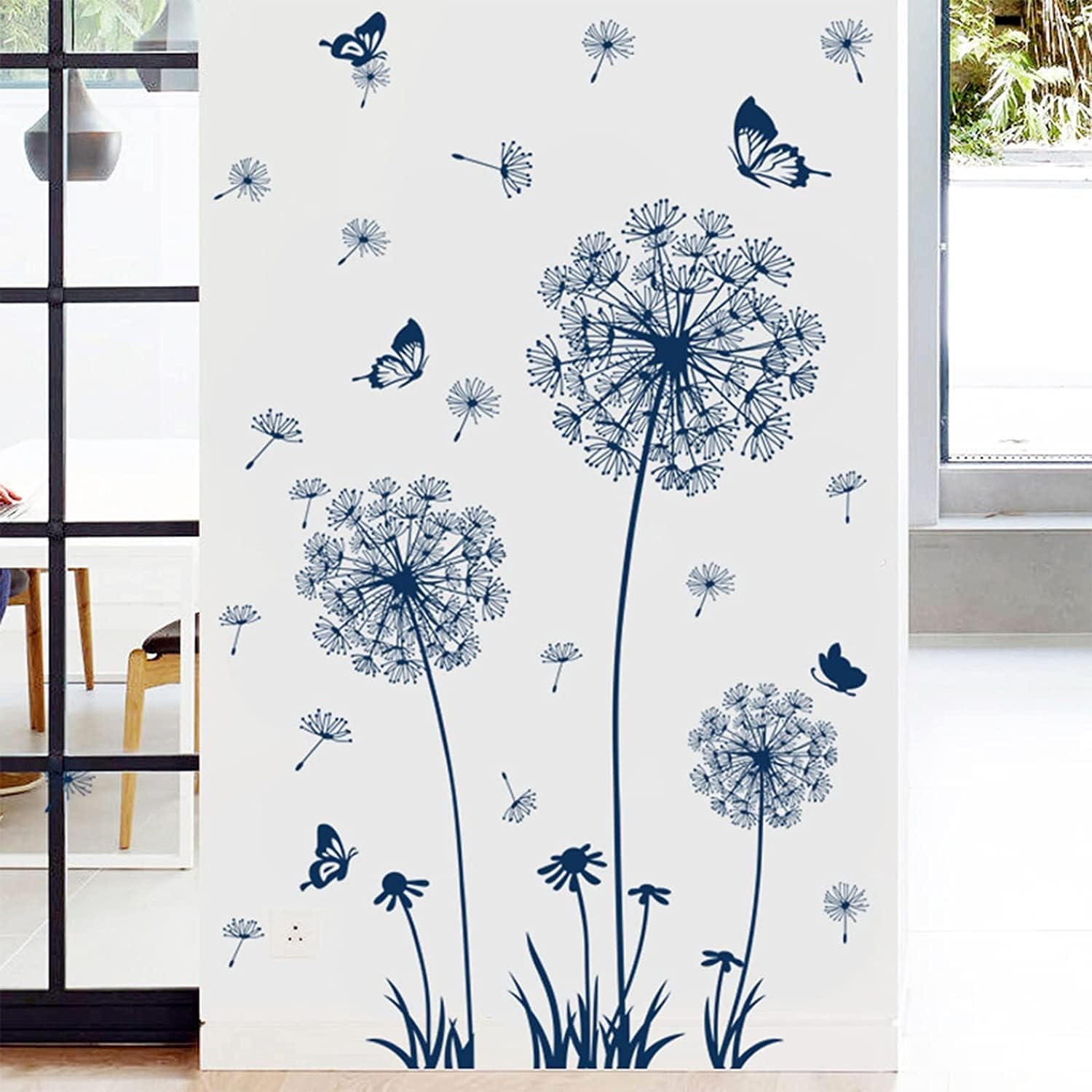 Arawat 2 Set Dandelion Wall Decals Peel and Stick Blue Dandelion Wall Stickers Large Floral Wall Stickers & Murals Flower Wall Decals for Living Room Bedroom Bathroom Restroom Roommates Vinyl Wall Art