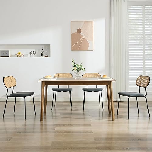Miniatura 3 de TYBOATLE Juego de 4 sillas de comedor de ratán, sillas de comedor bohemias de cuero negro, sillas de comedor modernas de mediados de siglo, silla