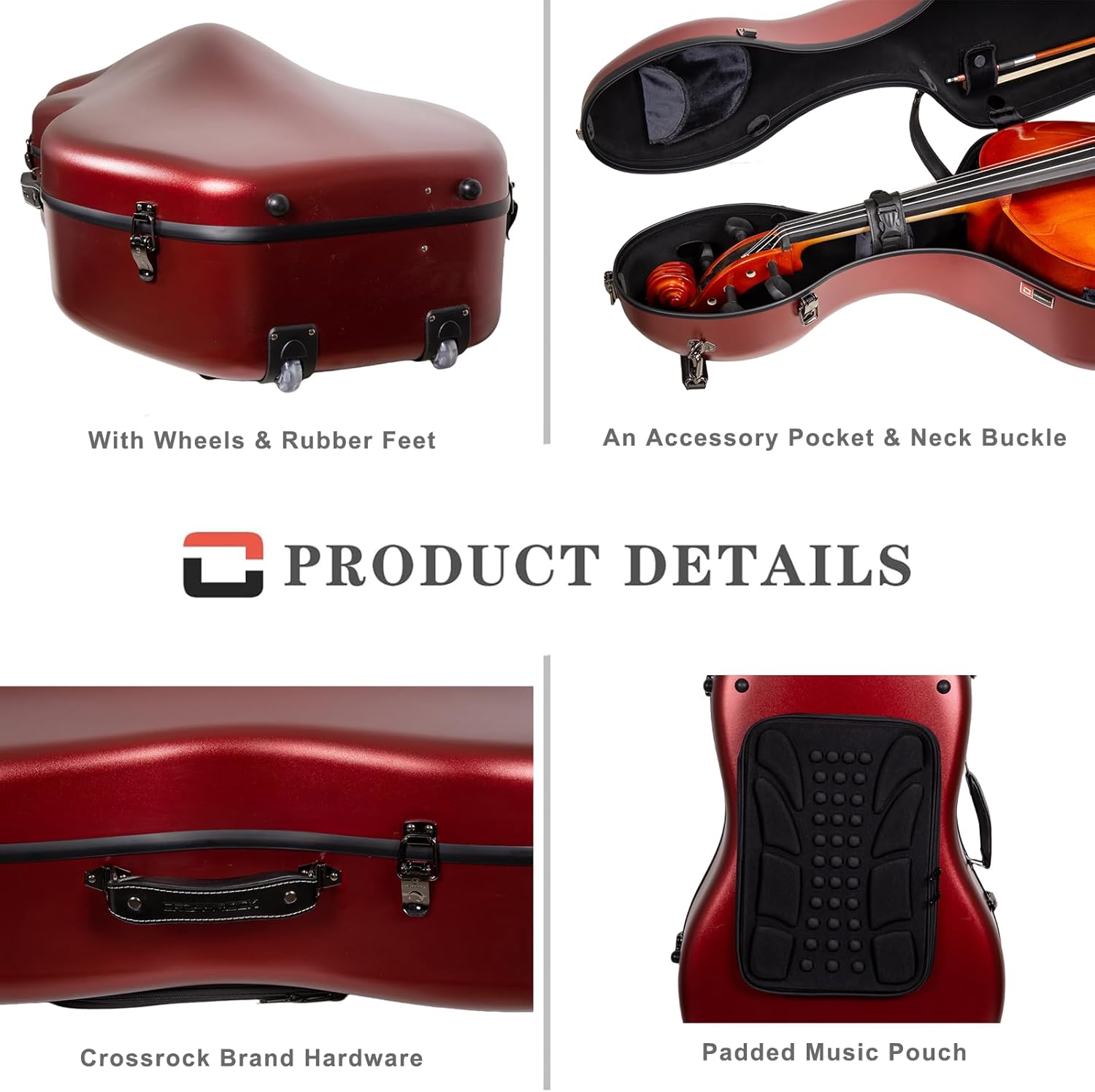 Crossrock Poly Carbon Cello Case for 4/4 Full Size | Red Matte Finish, Black Velvet Interior, Wheels, Music Pouch – Lightweight Protection Series