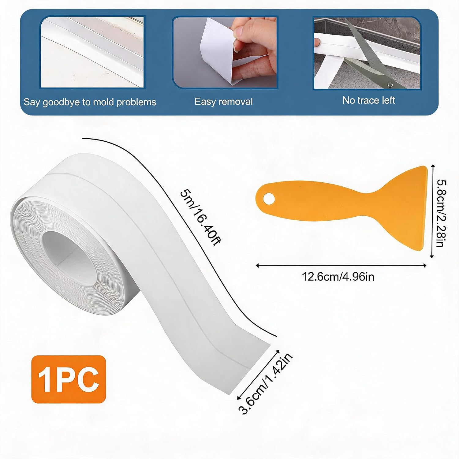 White Waterproof Caulk Tape 16.4 Feet Self Adhesive Peel and Stick Sealing Strip with Scraper Tool, Flexible PVC Caulk Strip for Shower, Tub, Toilet, Kitchen Countertop Indoor Edge Sealing