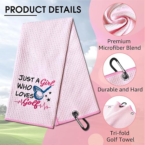 Miniatura 3 de TOUNER Just A Girl Who Loves Golf Toalla bordada para bolsas de golf con clip, divertidos regalos de golfista rosa para tía, novia, hermana,
