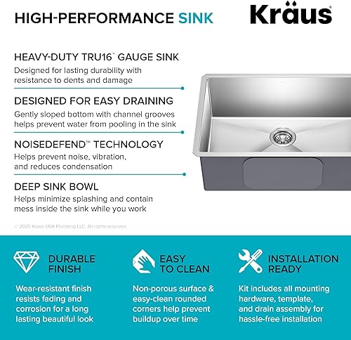 Vista 105 de Kraus KHU101-24L Standart PRO 24-inch Undermount 16 Gauge Single Bowl Laundry and Utility Sink, 24 Inch, Tight Radius