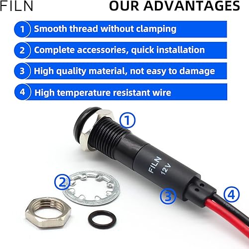 Miniatura 9 de FILN 5 luces indicadoras LED de 0.315 in (516 pulgadas) de 110 V 120 V de metal piloto luces aluminio negro anodizado impermeable ip67 luz de señal