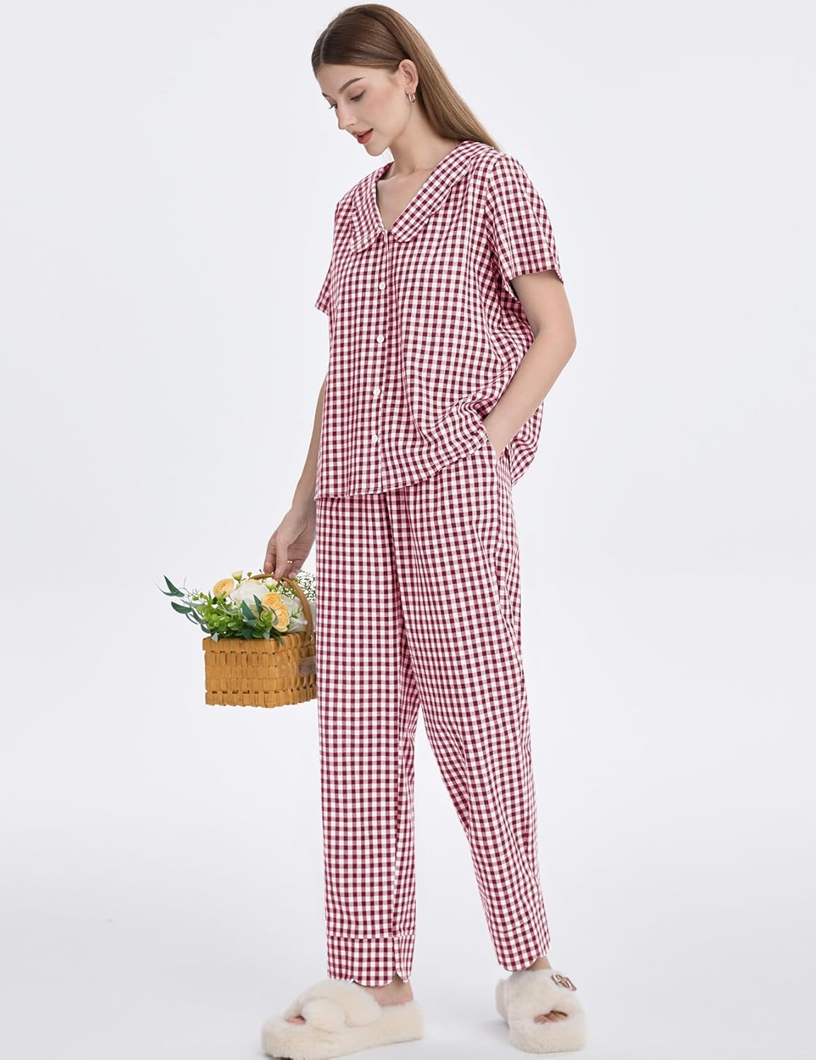 Kissonic Womens Gingham Pajama Set Cute Cotton Ruffle Pajamas Cozy Plaid Y2K Pjs Babydoll Sleepwear - Image 4