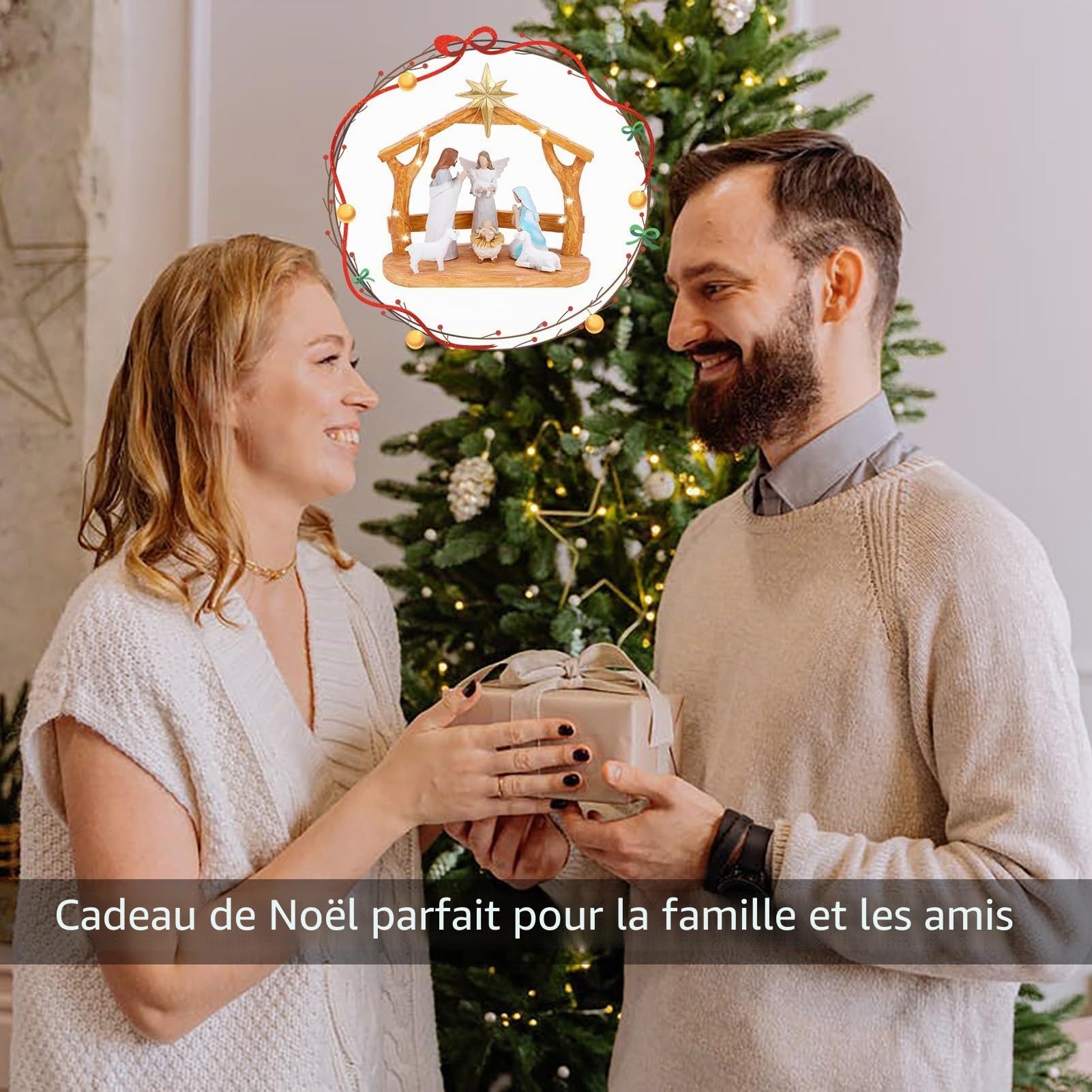 Crèche de Noël avec lumières LED – Crèche d'intérieur avec mangeoire, figurines et histoire – Décorations de Noël festives