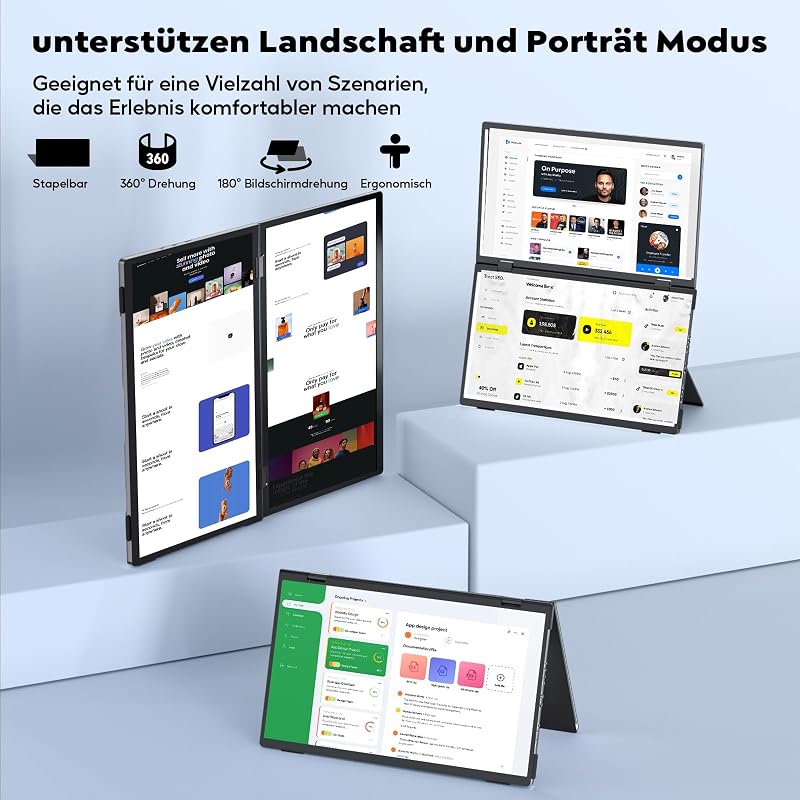 HONGO Hármas Hordozható Monitor 15.6" FHD IPS 360° Összehajtható Kijelző Dupla Hangszóróval - Laptop/PC/Mac/PS4/PS5 Kompatibilis Bővítőképer