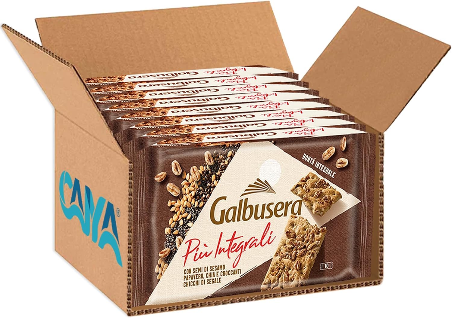 8X Cracker Piu Integrali con Semi di Sesamo, Papavero, Chia e Chicchi di Segale, Salatini Ricchi di Fibre per galbusera, 380g