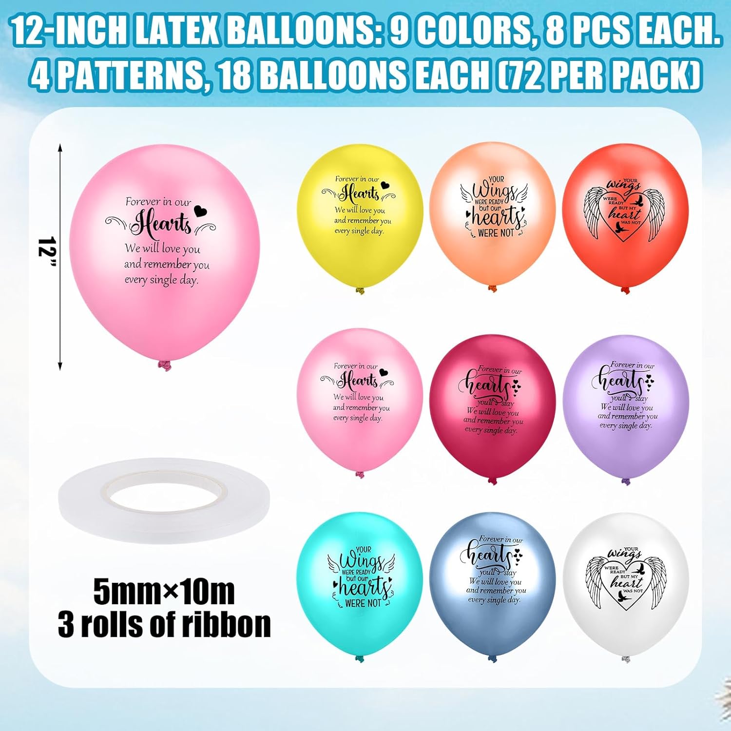 72 Pcs Memorial Balloons 12 Inch Latex Balloons with Ribbons for Memorial Day Funeral Decoration Heart Forever