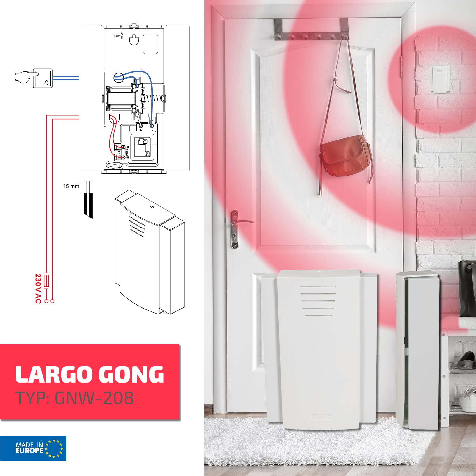 SUNDI Türgong Gong Mit Eingebautem Transformator Türglocke Türklingel 230V Kunststoff Metall Weiß Largo, Weib
