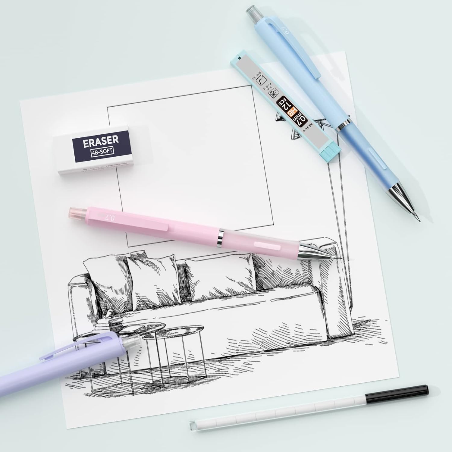 Nicpro 3 PCS Pastel Mechanical Pencil 0.7 mm for School, with 6 tubes HB Lead Refills, Erasers, Eraser Refills For Student Writing, Drawing, Sketching, Blue & Pink & violet Colors - Come with Case