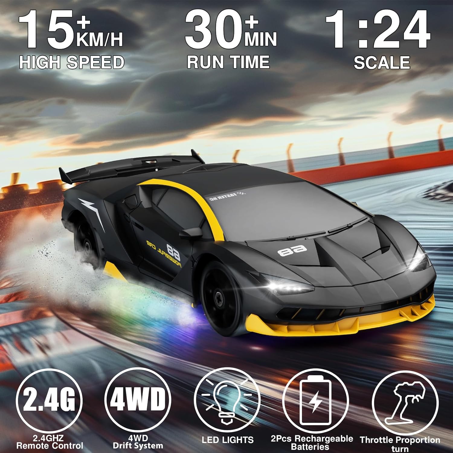 Remote Control Car RC Drift Car 2.4GHz 1:24 4WD 15KM/H High Speed Racing Sport Car with LED Lights Drifting Tire Racing Sport Toy for Adults Boys Girls Kids Gift 2Pcs Rechargeable Batteries
