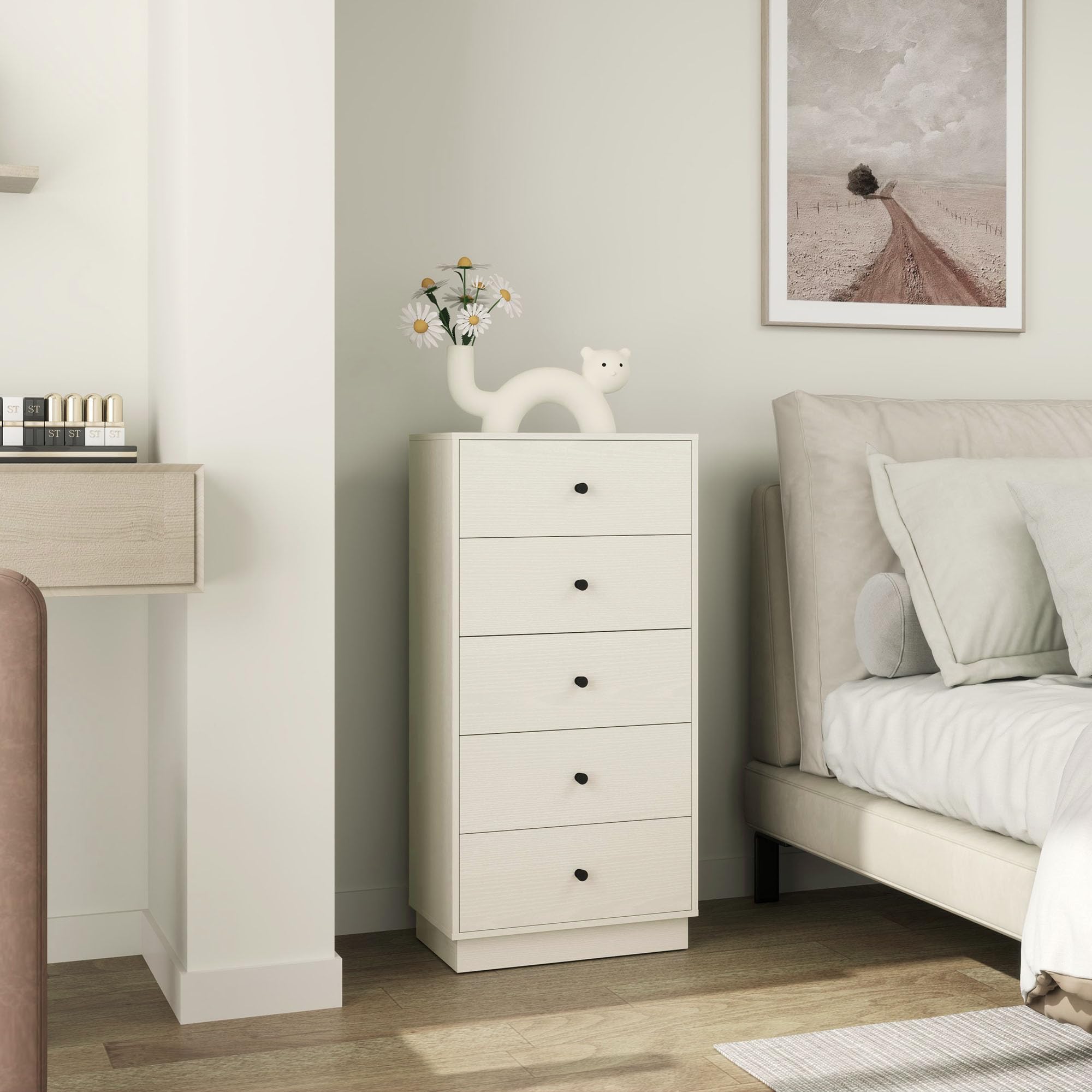 HOMCOM Cómoda con 5 Cajones Cómoda de Dormitorio Estrecha Estilo Moderna con Sistema Anti-vuelco Cajonera Alta para Pasillo Salón 47x29x95 cm Beige Veteado