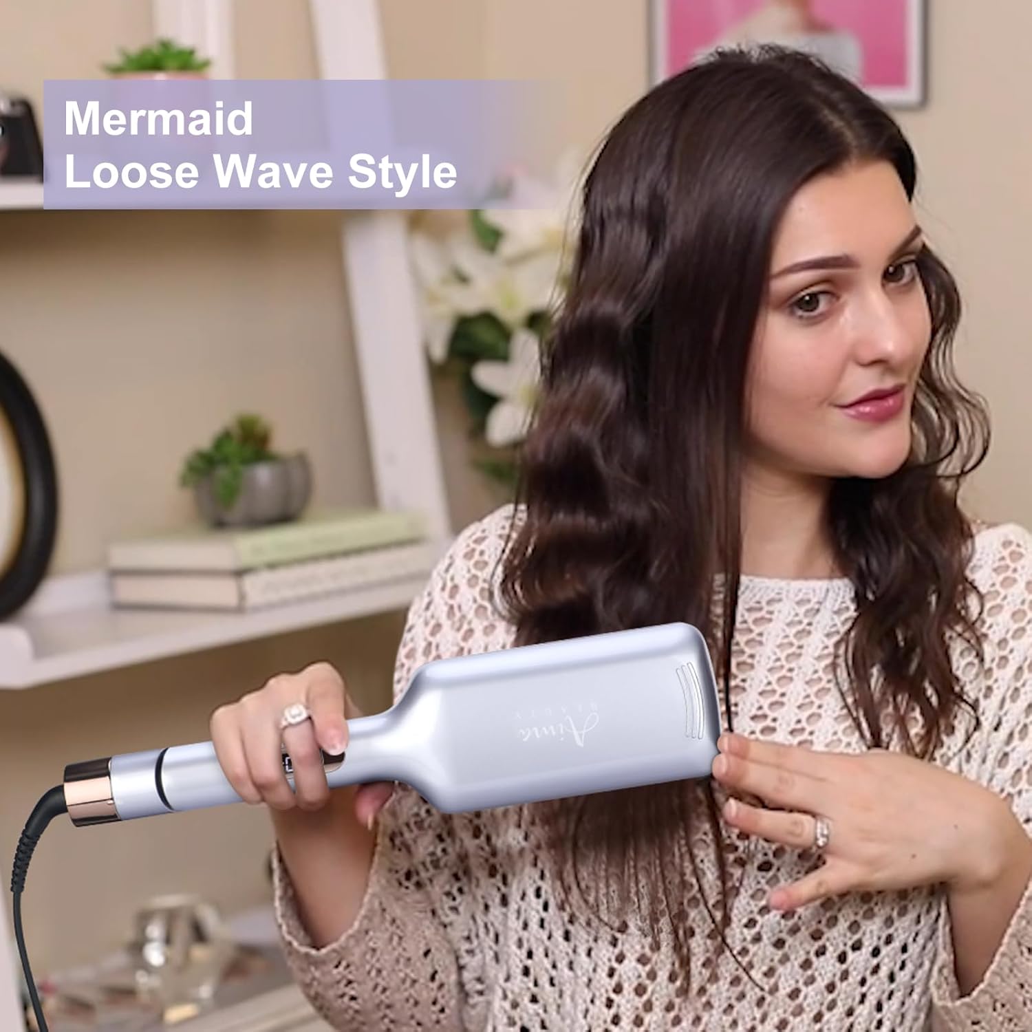 32mm (1.25") Aima Beauty Twins Mermaid Hair Waver,Anti-Scald Hair Crimper,Beach Wave Curling Iron,Curling Wand 2 Barrel (Purple) 15S Heats Up for Short/Medium/Long Hair