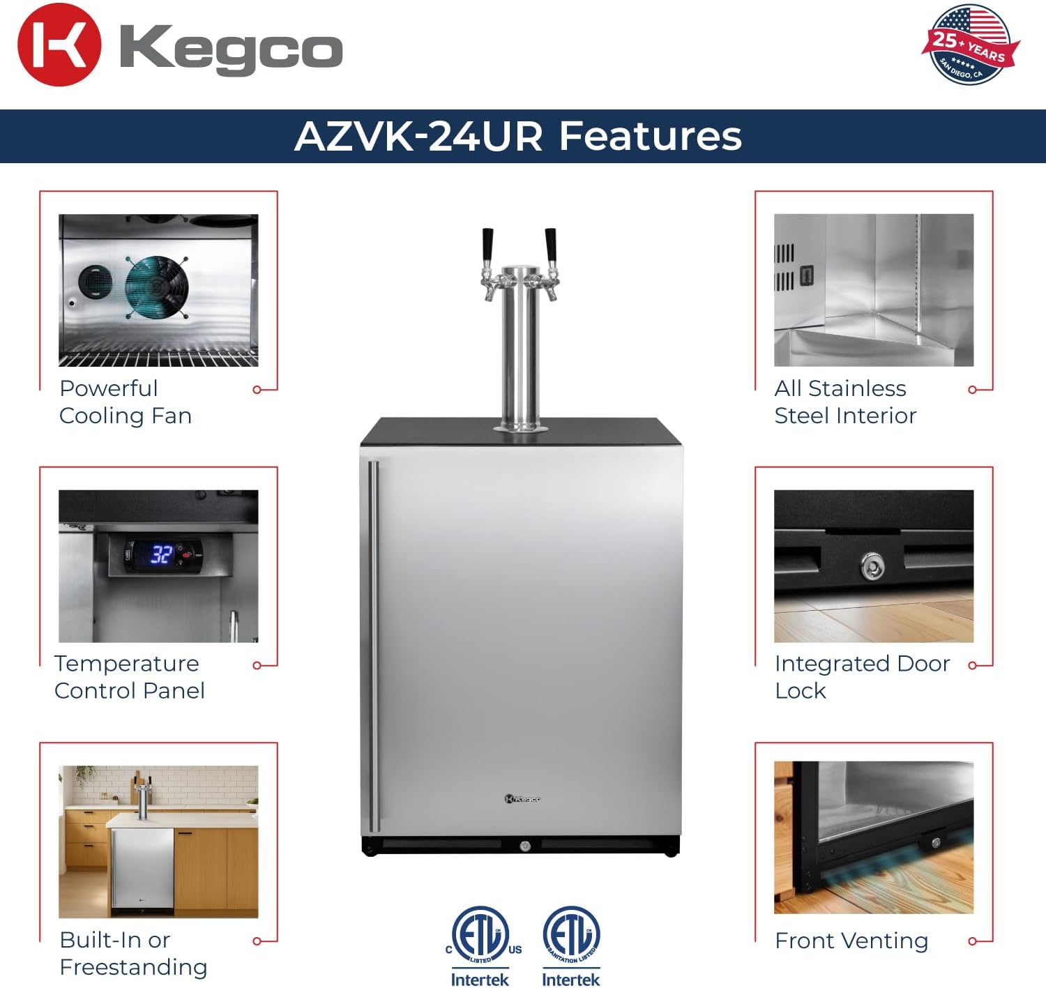 Kegco 24" Wide Dual Tap Stainless Steel Built-In Right Hinge Kegerator with Dispense Kit