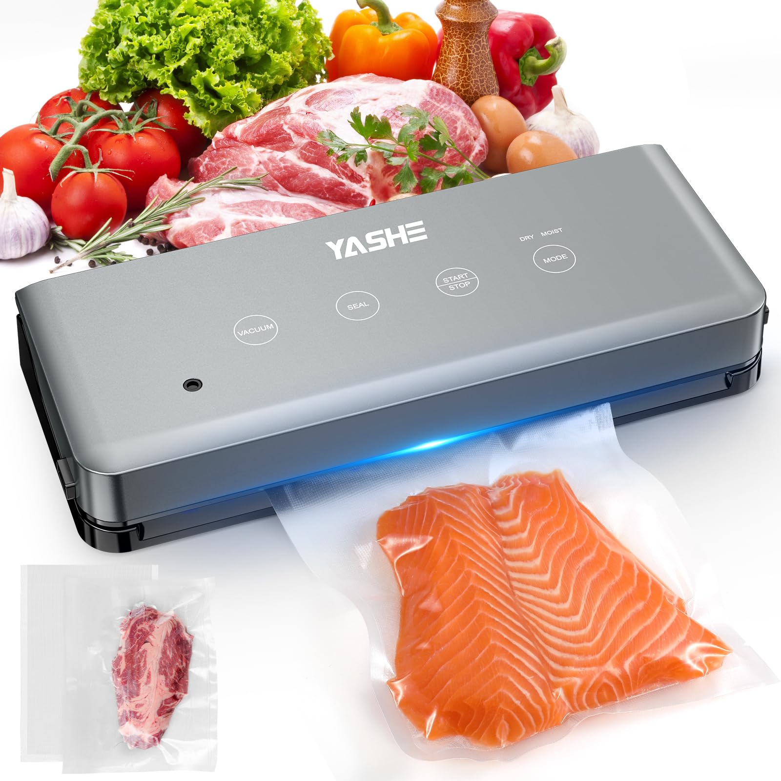 YASHE Vacuum Sealer Machine, 60KPA Food Vacuum Sealer with Dry & Moist Modes, 110W Automatic Vacuum Sealer with External Vacuum System, One-Touch Operation for Food Storage & Sous Vide