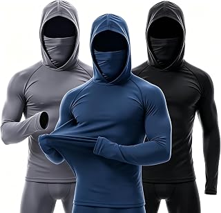 3 Pack Men's Hooded Long Sleeve Shirt with Face Mask Sun Protection Stretch Workout Shirt for Running Cycling Fishing