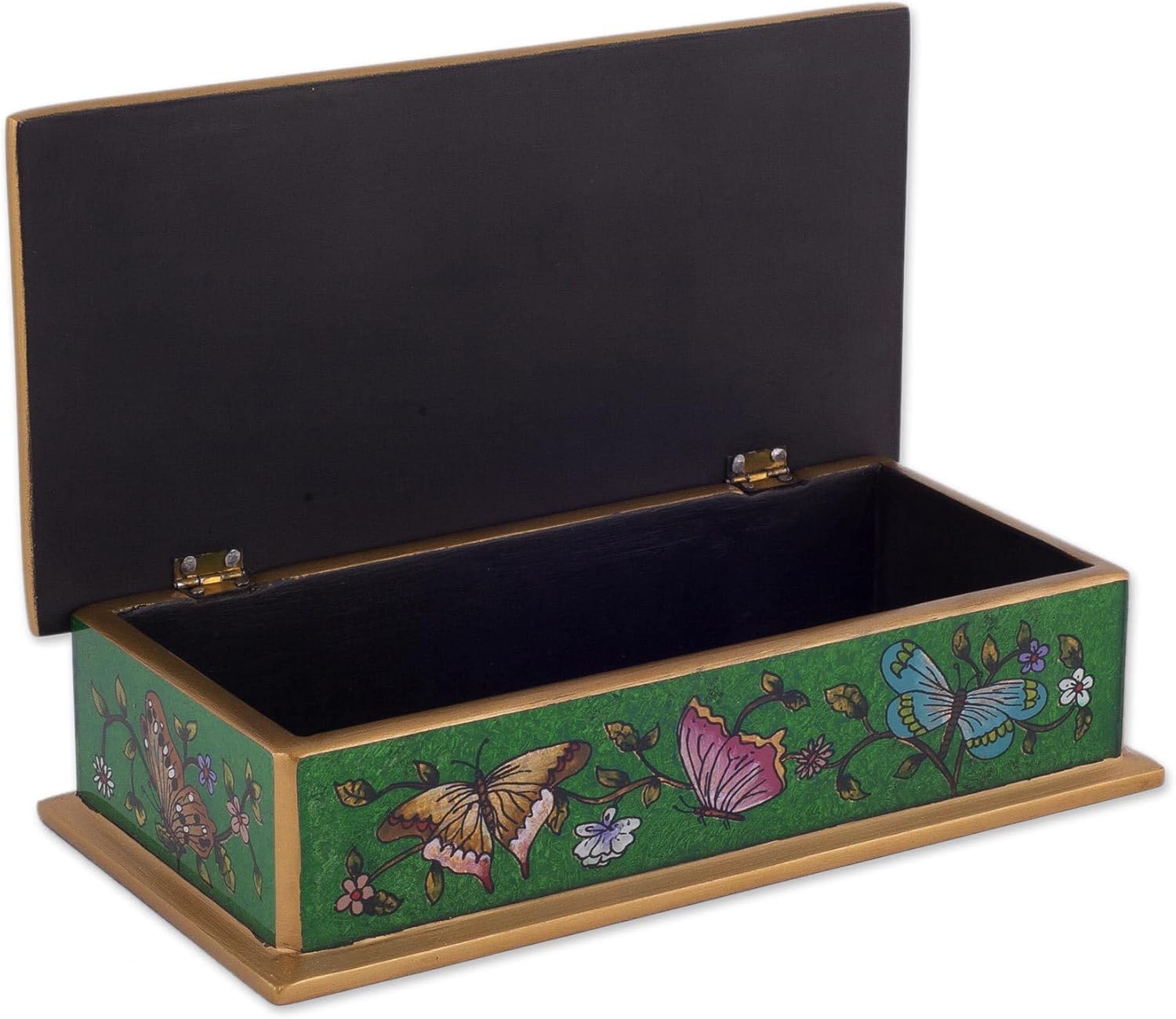 NOVICA Artisan Handmade Reverse Painted Glass Decorative Box Butterfly Emerald Gold Tone Green Wood Peru Accessories Boxes [2in H x 7.75in W x 3.9in D] ' Butterfly Jubilee in Emerald'