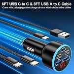 [5 en 1] USB C Chargeur de voiture, 5-Port 90W Adaptateur d'éclairage à cigarettes à charge rapide USBC Câble, double 30W USBC & USB-A Chargeur de téléphone multiport avec voltmètre pour iPhone 17/16/15 Pro Max,iPad,Galaxy