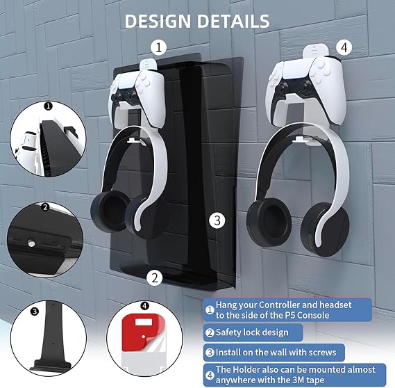 EJGAME Steel Wall Mount Bracket Compatible with PS5 Pro/Slim/PS5, Stable Metal Wall Hanging Stand for PS5 with Controller Holder & Headphone Hanger,White