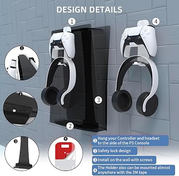 EJGAME Steel Wall Mount Bracket Compatible with PS5 Pro/Slim/PS5, Stable Metal Wall Hanging Stand for PS5 with Controller Holder & Headphone Hanger,White