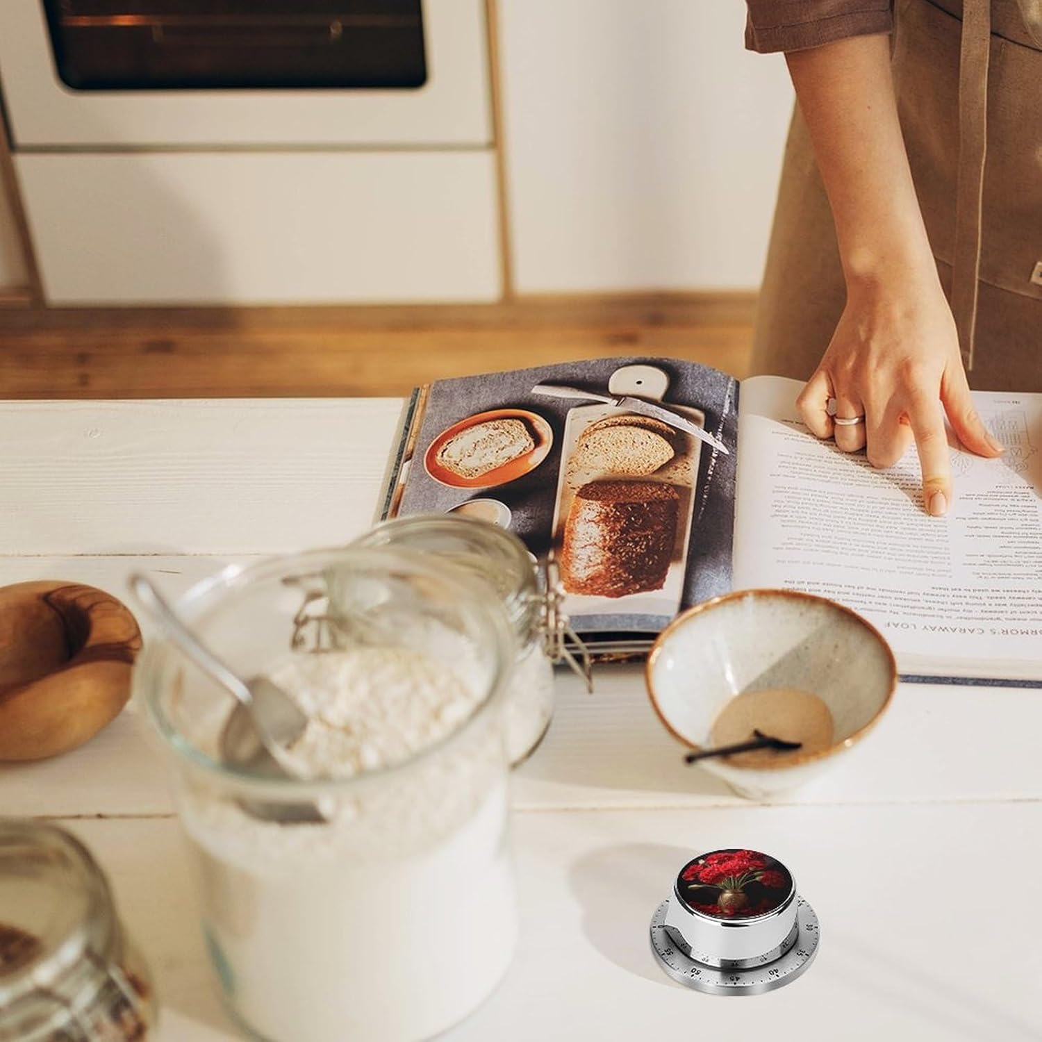 Romantic Carnation Timer Stainless Steel Kitchen Timers Waterproof & Rust-Proof 60 Minute Mechanical Timer with Loud Alarm for Cooking, Baking, Fitness