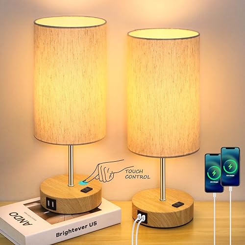 Table Lamps Set of 2 Touch Control, 2 USB Charging Ports&AC Outlet, 3-Way Dimmable Bedside Nightstand Lamp with Flaxen Fabric Shade and Wooden Base for Bedroom, 2-Pack A19 LED Bulbs Included