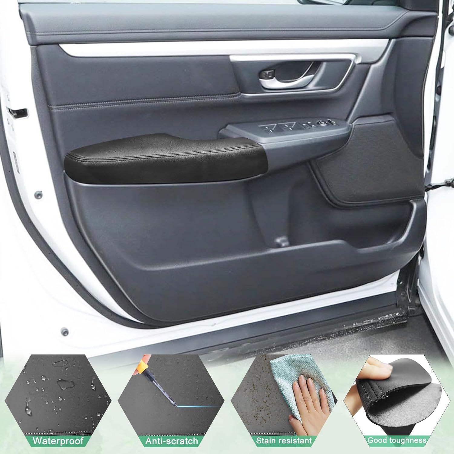 2PCS Front Door Panel Armrest Cover Replacement Compatible with Honda CRV 2017-2021 Left and Right Leather Arm Rest Replaced Skin Upholstery Black (Only Leather Part)