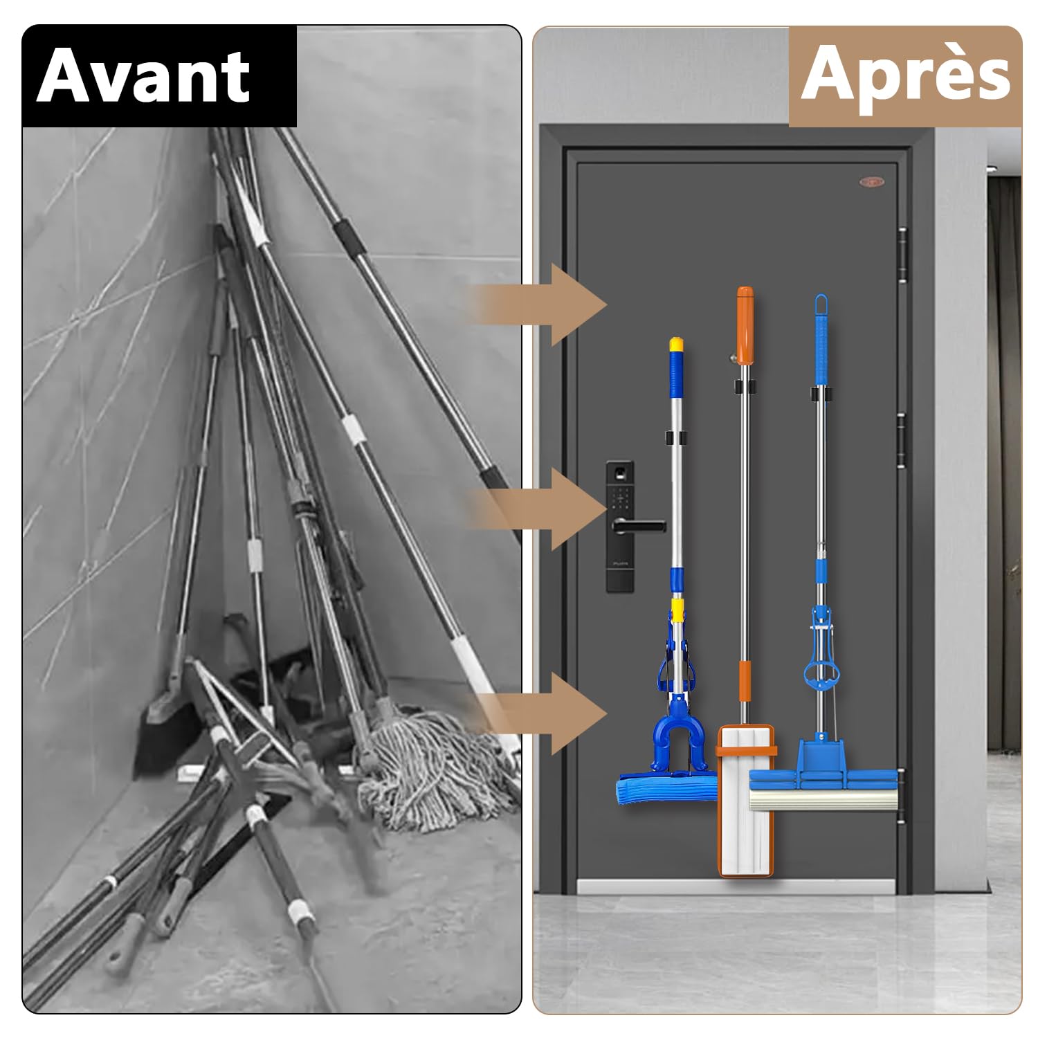 3-H Accroche Balai Magnétique en Acier Inox, Lot de 4 Support Balai Magnétique avec 4 Mini Crochet Aimanté Puissant, Porte Balais Mural Sans Percer pour Garage, Cuisine, Buanderie,Argenté