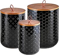JOJUNO 3-Piece Black Ceramic Canister Set with Bamboo Lids - Airtight Embossed Kitchen Storage Jars (30/48/82 oz) for Flour, Sugar, Coffee