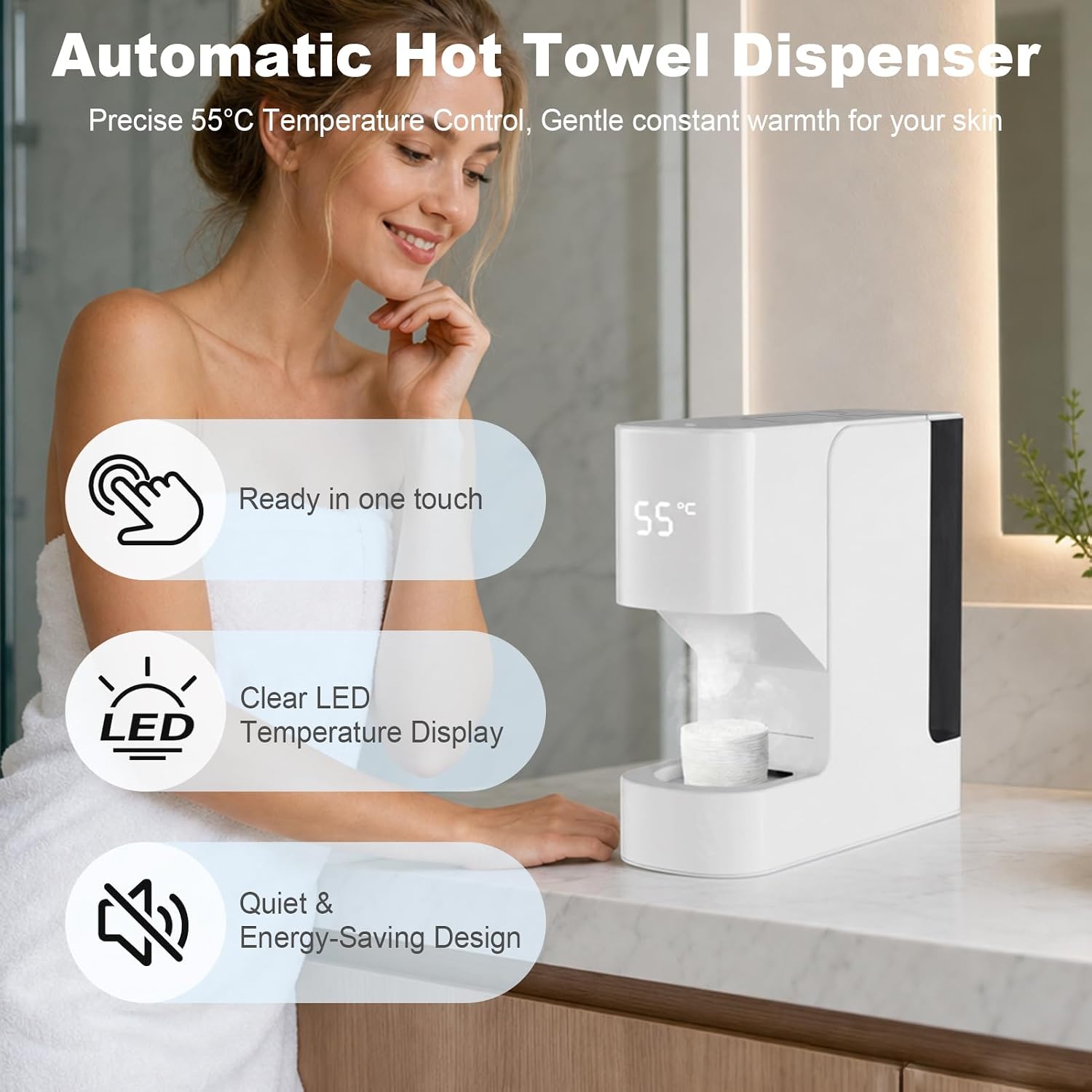 Hot Face Towel Warmer & Hot Face Towel dispenser for Bathroom, 5-Second Heating & 55°C Constant Temperature Towel warmer with Smart Voice Reminder for Spa, Included 20PCS Towels