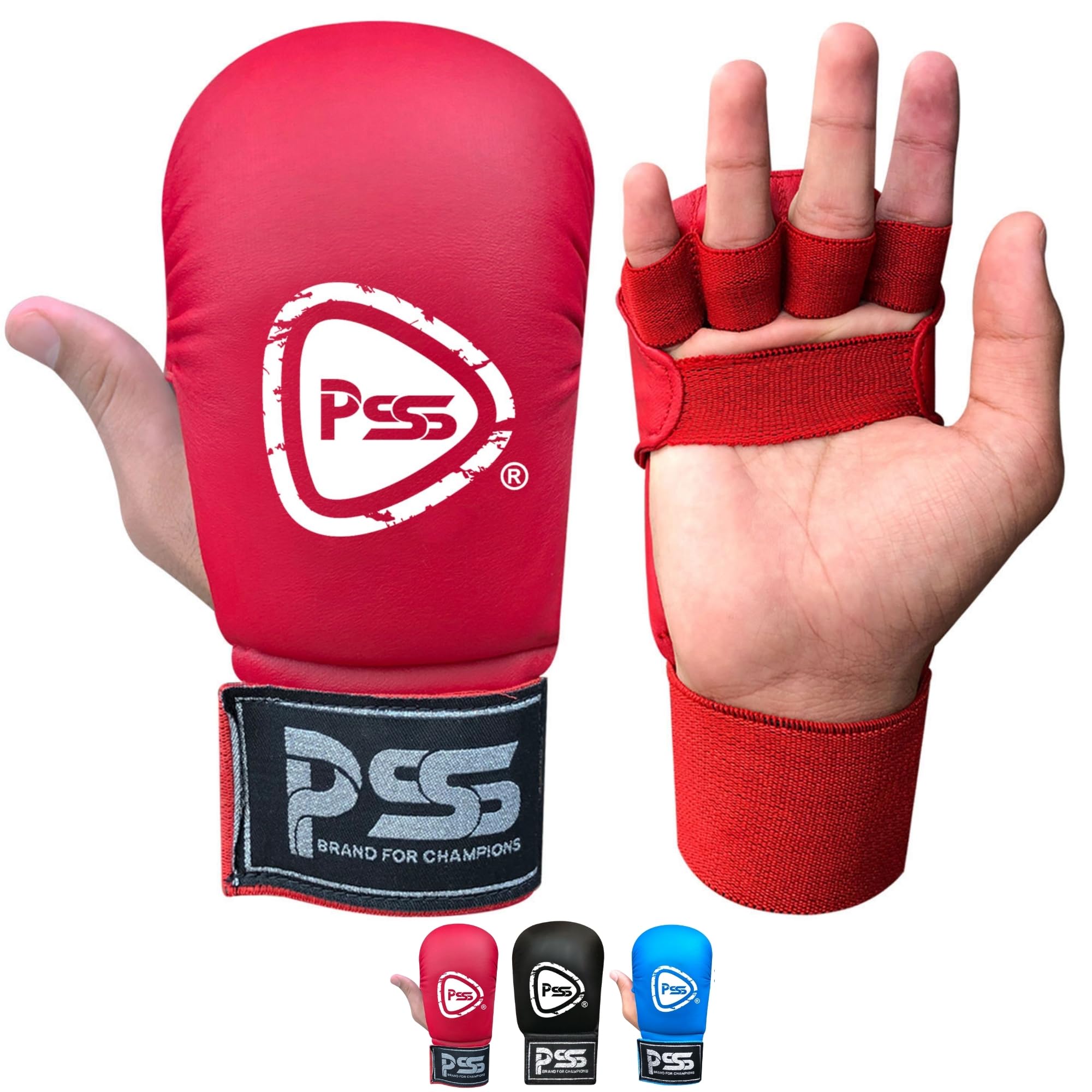 PSS Kids Karate mitt gloves for Boxing Martial Arts jab Training sparring junior pads open finger palm style Without Thumb Black Blue & Red Color 1018 (Red, S)
