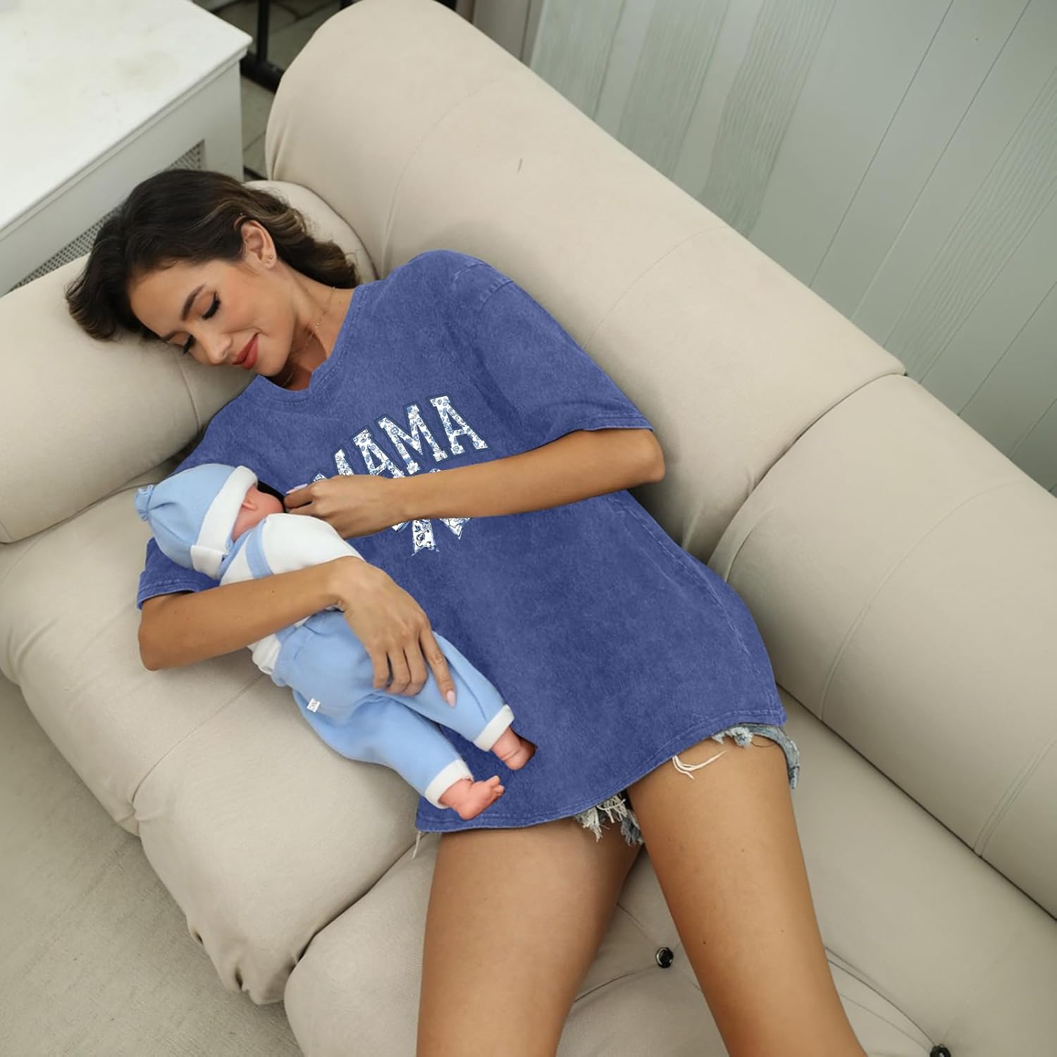 Breastfeeding Shirts for Women Zipper Nursing Shirt Cute Maternity Tops Mama Bow Tshirt Oversized Acid Wash T Shirts
