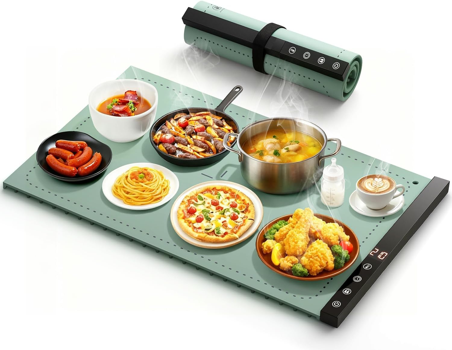 Warming Mat for Food - Full Surface Rapid Heating, Rollable & Portable Food Warmer Mat with 6 Temperature Settings and 1-4 hours adjustable Timer, Silicone Heating Mat for Party Buffet (Grayish green)