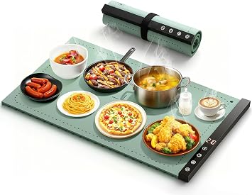Warming Mat for Food - Full Surface Rapid Heating, Rollable & Portable Food Warmer Mat with 6 Temperature Settings and 1-4 hours adjustable Timer, Silicone Heating Mat for Party Buffet Grayish green