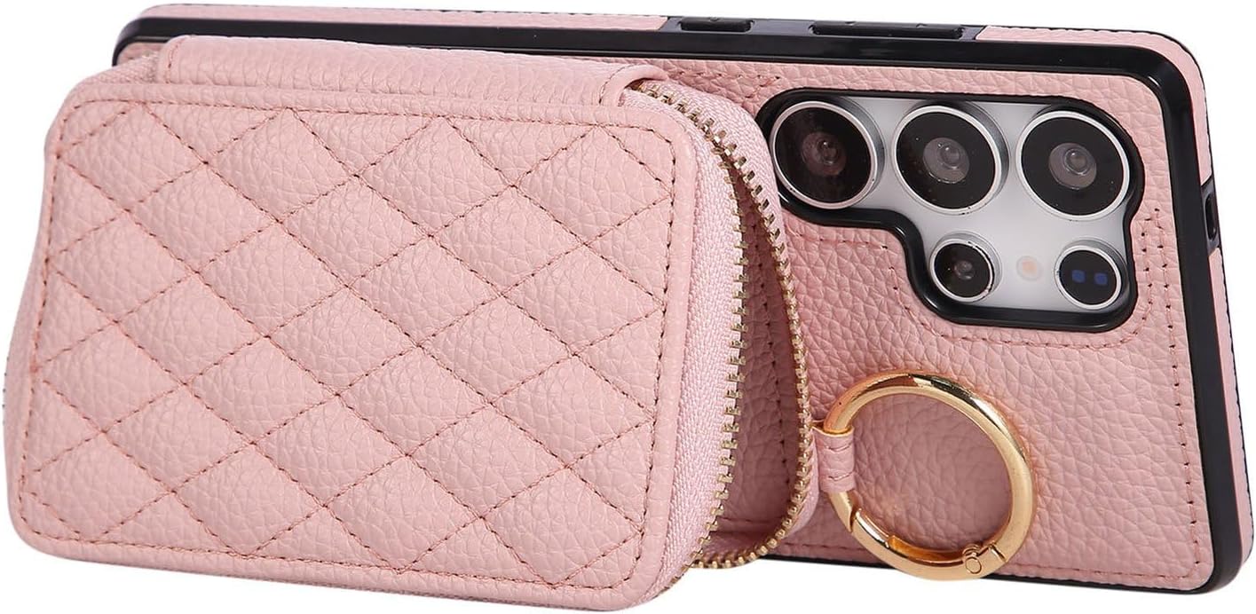 Crossbody Wallet Case for Galaxy S26 Ultra, Zipper PU Leather Phone Cover with Card Holder Kickstand and Detachable Strap - Pink